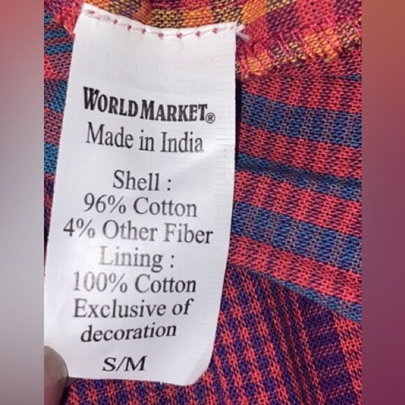 World Market Orange Pink Plaid Checker Print Balloon Sleeve Boho Blouse Sz Sm - Picture 5 of 5